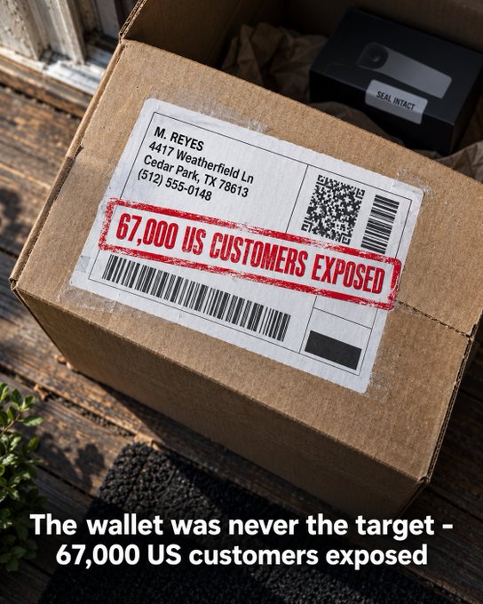 A cardboard shipping box sits on wooden planks, bearing a label addressed to M. Reyes in Cedar Park, TX, stamped with red text reading '67,000 US CUSTOMERS EXPOSED' and captioned below: 'The wallet was never the target - 67,000 US customers exposed'.