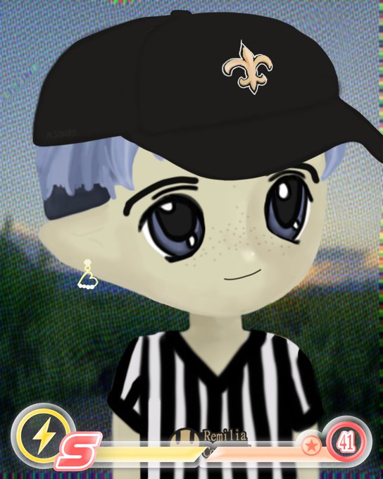 An anime-style character wearing a black and white striped shirt and a black New Orleans Saints cap with a fleur-de-lis logo, with a small heart earring.