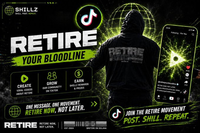 Promotional graphic for the 'Retire Your Bloodline' TikTok campaign by SHILLZ, featuring a hooded figure and a smartphone displaying the @retireyourbloodline TikTok profile.