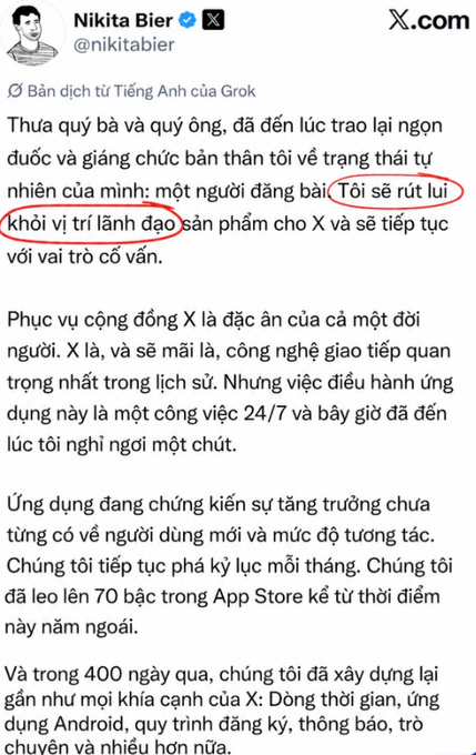 A Vietnamese translation of a tweet by Nikita Bier (@nikitabier) with the phrase "Tôi sẽ rút lui khỏi vị trí lãnh đạo sản phẩm cho X" (I will step down from my product leadership role at X) highlighted in red.