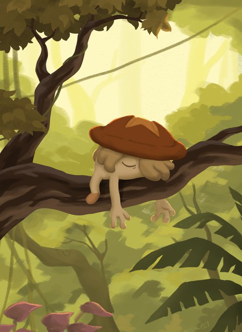 The image features a cartoon character named Axie Art, who is depicted as a small brown mushroom with a red hat sitting on a tree branch. The background of the image shows a forest filled with various plants and trees, creating an impressionistic style that emphasizes the natural surroundings. The caption for the image reads "@0xActuallyEly Lunacia is filled with creatures, bosses, and characters. We can'T wait for you to find them all in Atia's Legacy."