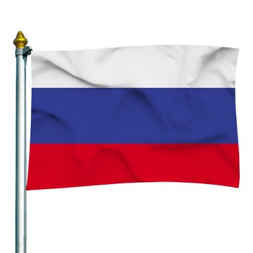 A digital image of the Russian Federation flag (white, blue, and red horizontal stripes) waving on a silver flagpole with a gold finial.
