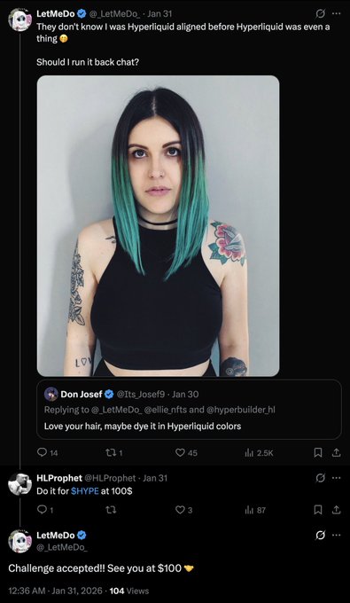 A screenshot of a Twitter thread shows a tweet from LetMeDo_ featuring a photo of a person with half-black, half-teal hair, with replies about Hyperliquid alignment and a $100 SHYPE challenge.
