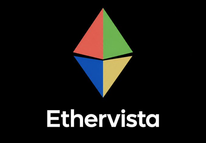 The Etherevista logo, featuring a diamond-shaped emblem divided into red, green, blue, and yellow sections above the white 'Ethervista' wordmark on a black background.