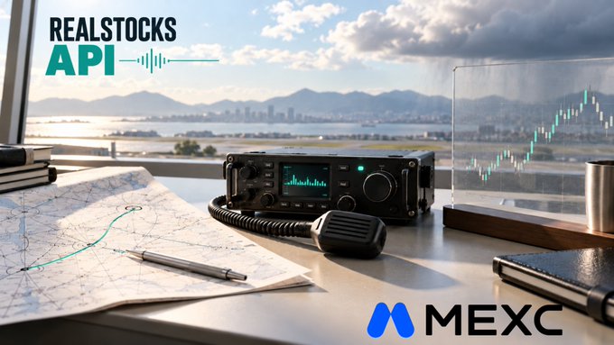 A promotional image for 'REALSTOCKS API' by MEXC, showing a radio device on a desk with nautical charts, a view of a harbor through the window, and a candlestick chart display.