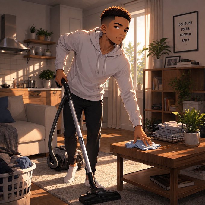 An anime-style illustration of a young man in a grey hoodie vacuuming a living room while wiping a coffee table, with a motivational poster reading 'DISCIPLINE FOCUS GROWTH FAITH' visible on the wall.