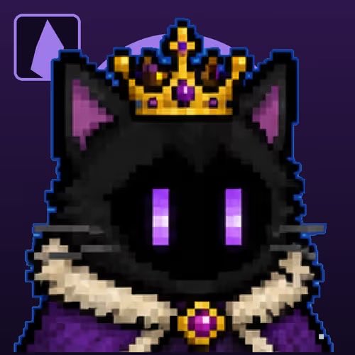 A pixel art illustration of a black cat wearing a golden crown and royal purple robes with a jeweled brooch, set against a purple background with a cat-ear logo in the corner.