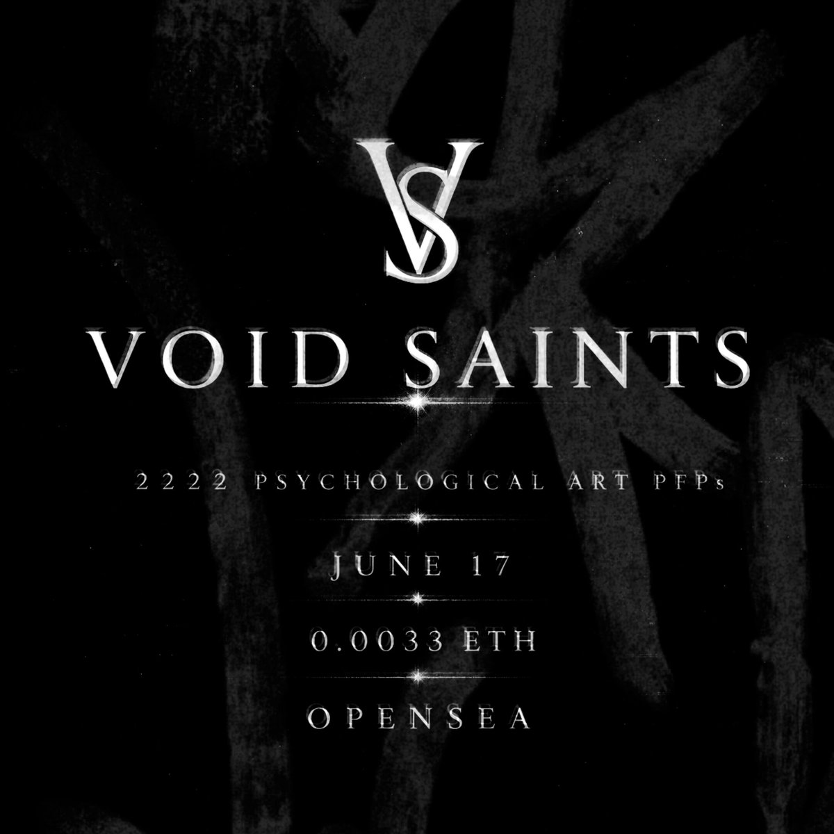 The image is an advertisement for an upcoming event called "VOID SAINTS" that is taking place on June 17th, at "OPENSEA". It seems to be a psychological art exhibition or show featuring works from the artist "@psychologik". The poster also includes details about PFPs and pricing. The overall atmosphere of the advertisement suggests an artistic, thought-provoking experience for viewers interested in psychology and artistic expression.