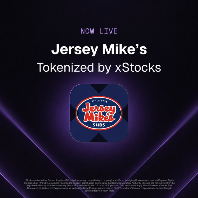 The image is a promotional graphic with "NOW LIVE" at the top, announcing "Jersey Mike's Tokenized by xStocks," alongside the iconic Jersey Mike's Subs logo ("Since 1956") centered on a dark purple background. It complements the post by visually confirming xStocks' latest tokenization offering tied to Jersey Mike's, a major restaurant chain with 3,330+ locations and $4.3B in annual sales, now tradable as a tokenized asset on Kraken Pro.