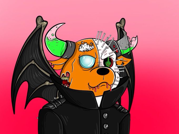 A hand-drawn cartoon depicts a grotesque, bat-winged bear-like creature with robotic and demonic features—including horns holding green liquid vials, exposed brain matter, glowing eyes, and blood-dripping fangs—wearing a black collared coat against a pink gradient background. The image visually embodies the post's themes of duality and resilience, pairing bull and bear symbolism with a monstrous, stitched-together aesthetic that mirrors the chaotic crypto market "flipping" while the community ("BullBears") remains steadfast.