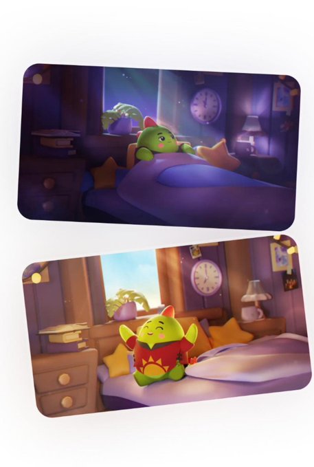 Two variations of a digital illustration showing a cute green character in a bedroom; the top one depicts it sleeping under a blanket at night, while the bottom shows it awake and smiling during the day.