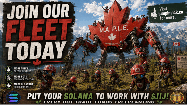 An advertisement reading 'JOIN OUR FLEET TODAY' and 'M.A.P.L.E.' features a large red maple leaf mech, asking viewers to 'PUT YOUR SOLANA TO WORK WITH $JIJI' on jumpinjack.ca, noting that every bot trade funds treeplanting.
