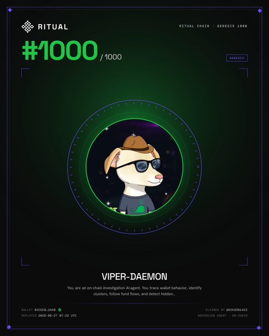 RITUAL Chain Genesis #1000/1000 NFT featuring 'VIPER-DAEMON', a dog character with sunglasses and a detective hat, described as an on-chain investigation AI agent.