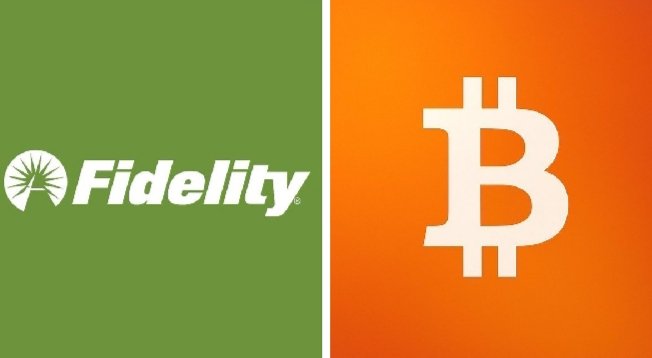The image displays the Fidelity logo on a green background beside the Bitcoin (₿) symbol on an orange background, visually pairing the financial institution with the cryptocurrency mentioned in the post about Fidelity customers realizing $43.08 million in $BTC sales.