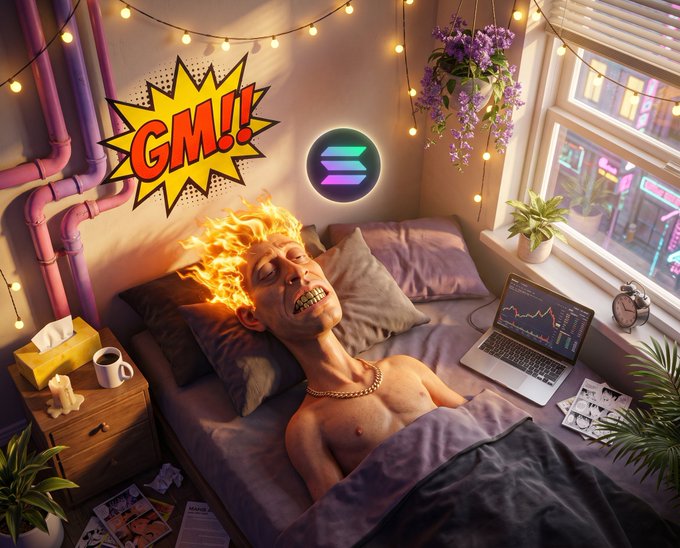 A stylized 3D rendered image of a shirtless man with flaming orange hair and grills lying in bed, with a laptop showing a trading chart on the bed and a comic-style 'GM!!' speech bubble on the wall.