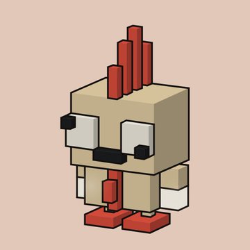 A pixel art illustration of a cute chicken character with a tan body, red comb, red wattle, and red feet, rendered in blocky, voxel-like style. The image complements the post's excitement about unique (1/1) NFT reveals, with the playful chicken likely representing one of the revealed collectibles.