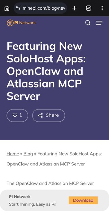 A mobile screenshot of a Pi Network blog article titled "Featuring New SoloHost Apps: OpenClaw and Atlassian MCP Server" with 1 like and a Share button. The image relates to the post by highlighting the Pi Network's integration with Atlassian's MCP Server technology, drawing parallels to KOSASIH's earlier "Pi Atlas" vision of AI-powered decentralized network mapping and optimization.