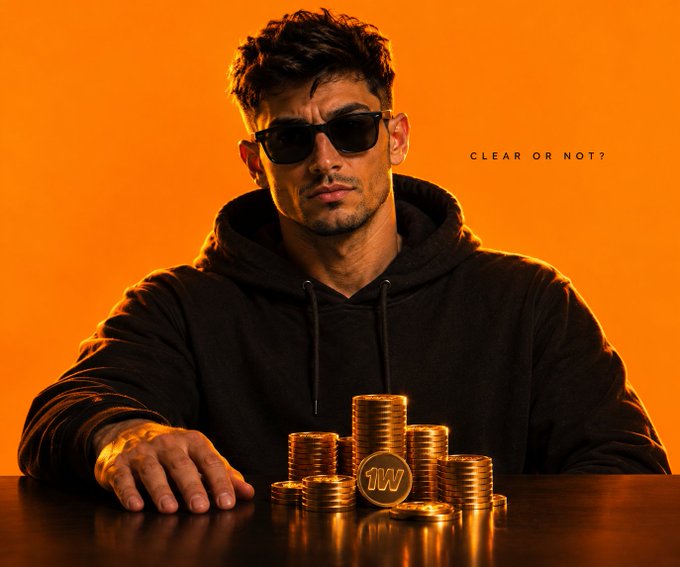 A promotional image of a young man in a black hoodie and sunglasses sitting at a table with stacks of gold coins, featuring text 'CLEAR OR NOT?' and a coin marked '1W'.
