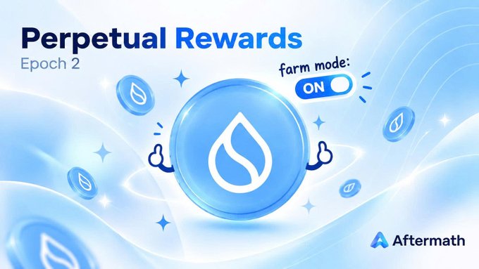 A promotional graphic with the text 'Perpetual Rewards', 'Epoch 2', 'farm mode: ON', and the 'Aftermath' logo, featuring a blue water droplet design.