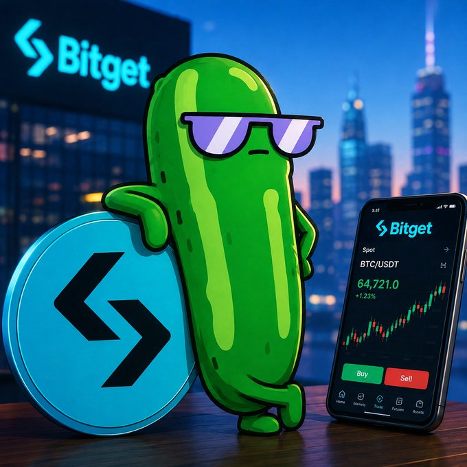 A 3D illustration of a green cartoon cucumber wearing sunglasses, leaning against a large Bitget logo coin, with a smartphone displaying the Bitget trading app showing "BTC/USDT" at "64,721.0" against a city skyline backdrop.