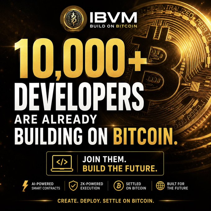 A bold promotional graphic for IBVM (Build on Bitcoin) featuring a golden Bitcoin coin with text announcing "10,000+ DEVELOPERS ARE ALREADY BUILDING ON BITCOIN" and a call to action "JOIN THEM. BUILD THE FUTURE," highlighting features like AI-powered smart contracts, ZK-powered execution, and Bitcoin settlement—directly supporting the post's message about joining the fastest-growing Bitcoin builder ecosystem.