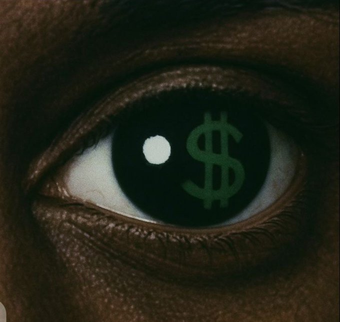 A close-up of a person's eye featuring a green dollar sign ($) reflected in the pupil, symbolizing a focus on money or financial gain, tying into the "Lock in" caption about securing one's finances.