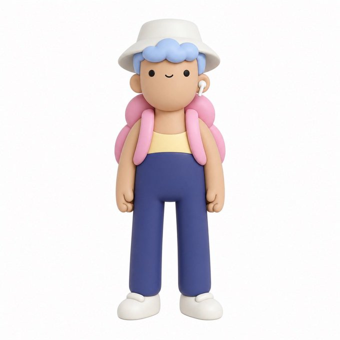 A 3D cartoon-style figurine of a character with blue hair, white bucket hat, pink backpack, yellow top, blue pants, white shoes, and AirPods.