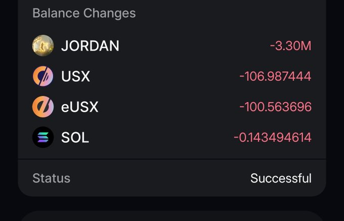 A crypto balance changes screen showing successful transaction deductions: JORDAN -3.30M, USX -106.987444, eUSX -100.563696, and SOL -0.143494614.