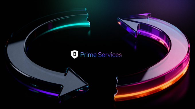 A 3D rendered image showing two circular arrows in green and pink neon colors on a dark background, with a 'Prime Services' logo and shield in the center.