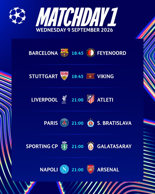 The image displays the UEFA Champions League Matchday 1 schedule for Wednesday, 9 September 2026, featuring six matchups including Barcelona vs Feyenoord, Stuttgart vs Viking, Liverpool vs Atleti, Paris vs S. Bratislava, Sporting CP vs Galatasaray, and Napoli vs Arsenal—all kicking off at either 18:45 or 21:00. It serves as a visual prompt for a @socios VIP experience giveaway, asking fans to pick which thrilling Champions League clash they'd like to attend.