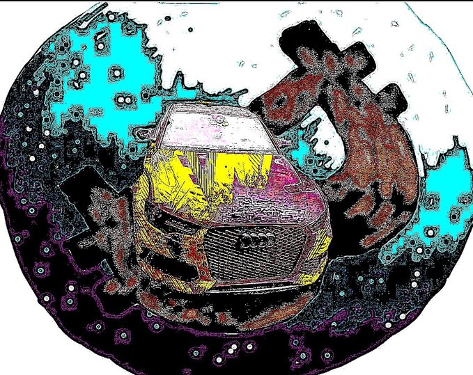A stylized, posterized image of a car (appears to be an Audi) with gear elements in the background, featuring a pink/yellow tinted body against cyan and black abstract surroundings.