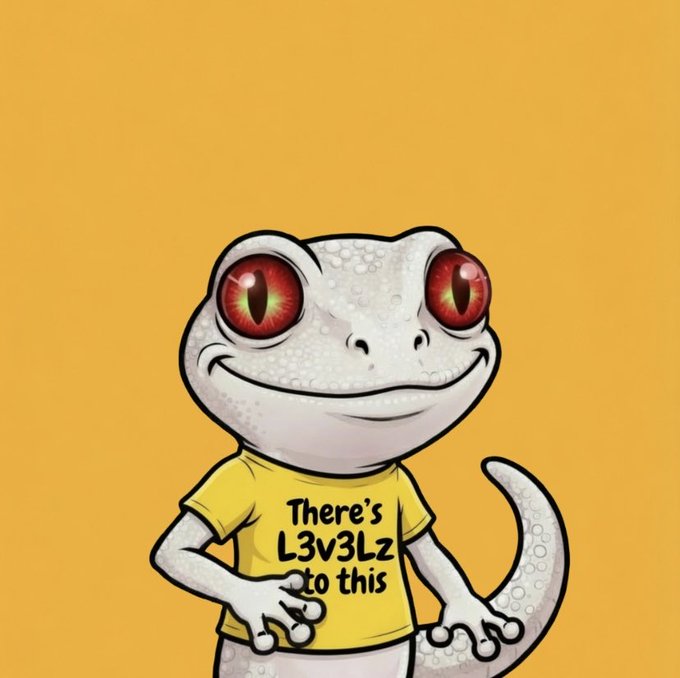 A cartoon illustration depicts a smiling white lizard/gecko with large red eyes wearing a yellow t-shirt that reads 'There's L3v3Lz to this' against a solid yellow background.