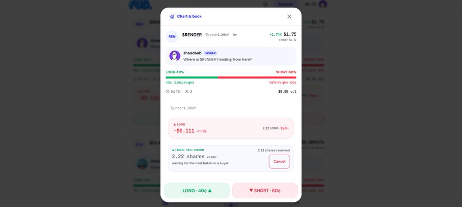 A mobile app screenshot of a prediction market interface for a token called $RENDER, showing a LONG 40% vs SHORT 60% sentiment bar, a user comment from "shaadsaab", and trading buttons for LONG and SHORT positions.