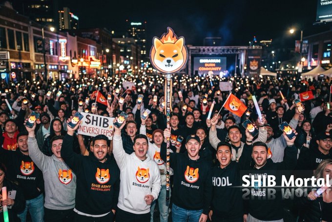 A massive crowd of SHIB Army supporters rallies at night, raising glowing phone lights and waving Shiba Inu flags, with one fan holding a "SHIB NEVER SLEEPS" sign and a stage displaying "SHIB ARMY COMMUNITY" in the background—visually capturing the post's message of an active, united community holding strong through the dip.