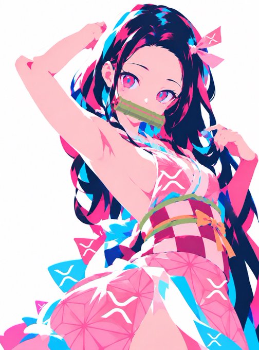 Anime-style artwork of a girl with pink and blue hair, magenta eyes, and bamboo in her mouth, wearing a pink and white checkered outfit with star motifs.