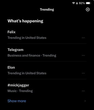A mobile phone screenshot showing the X (Twitter) 'Trending' page with topics 'Felix' and 'Elon' trending in the United States, plus 'Telegram' and '#mickjagger'.