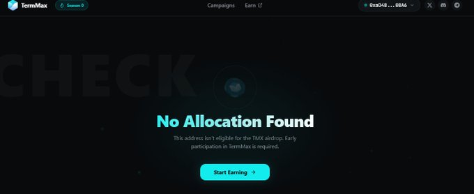 A screenshot of a 'TermMax' (Season 5) platform interface displaying 'No Allocation Found' with text stating 'This address isn't eligible for the TMX airdrop. Early participation in TermMax is required.'