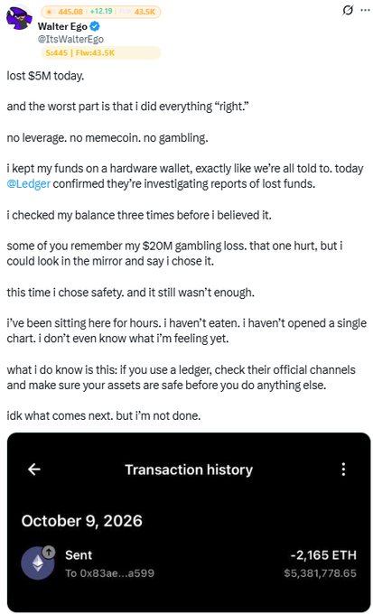 A screenshot of a post by Walter Ego (@ItsWalterEgo) reads 'lost $5M today... i did everything "right".' and includes a transaction history showing a sent transaction of 2,165 ETH ($5,381,778.65) on October 9, 2026.
