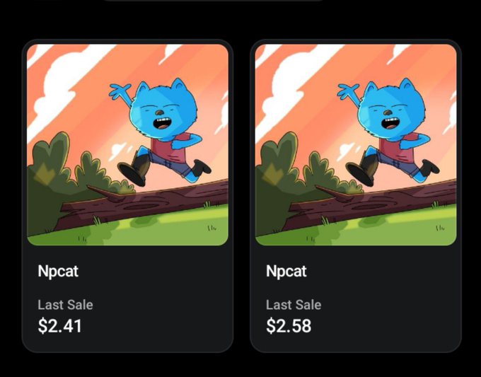 Two NFT listings side by side, both titled 'Npcat' and featuring the same illustration of a blue cat running with a stick. The left card shows a 'Last Sale' of '$2.41' and the right shows '$2.58'.
