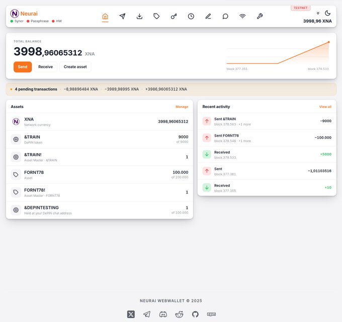 The image shows the Neurai Webwallet dashboard displaying a testnet account with a total balance of 3998.96065312 XNA, alongside holdings in $TRAIN (9000 tokens) and FORNT7B (100,000 tokens). The interface features options to Send, Receive, and Create asset, with a recent activity log showing transaction history across multiple blocks—reflecting the new Webwallet update designed for the DePIN phase of the Neurai private network.