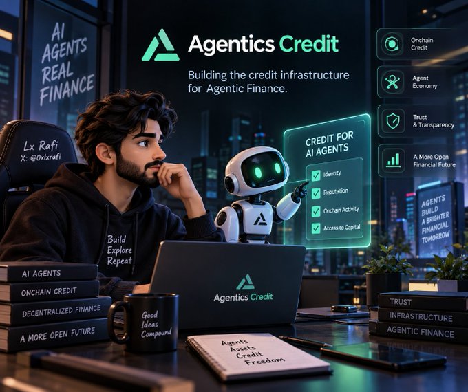 Promotional graphic for 'Agentics Credit' featuring a young man ('Lx Rafi / X: @0xlxrafi') working on a laptop alongside an AI robot, with text about building credit infrastructure for Agentic Finance.