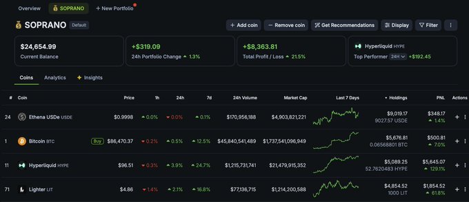 A cryptocurrency portfolio dashboard called 'SOPRANO' showing a current balance of $24,654.99 with listed coins including 'Etherea USDE', 'BitCoin BTC', 'Hyperliquid HYPE', and 'Lighter LIT' along with their prices and performance graphs.