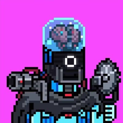 A pixel art character with a glowing blue brain exposed on top of its head and multiple weapons against a bright pink background.