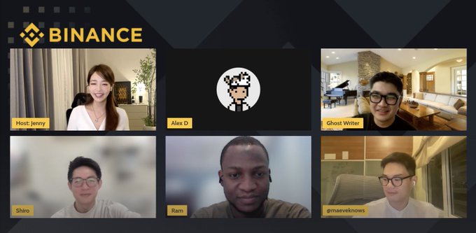 A Binance video conference call screenshot displaying six participants including Host Jenny, Alex D, Ghost Writer, Shiro, Ram, and @naeveknows.