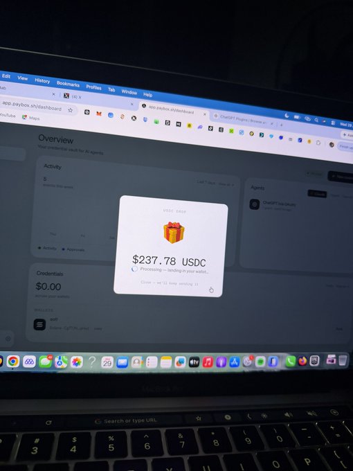 A laptop screen shows a Chrome browser open to the Skyboard dashboard displaying a processing withdrawal of $237.78 USDC to a wallet, confirming the free money claim from @moonpay mentioned in the post.