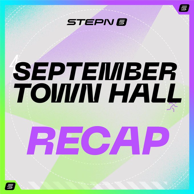 A vibrant promotional graphic featuring the STEPN logo at the top with bold text reading "SEPTEMBER TOWN HALL RECAP" in black and purple lettering, set against a colorful gradient background of pink, purple, green, and blue with diagonal stripes, complementing the post announcing a recap of STEPN and STEPN GO's anniversary townhall covering their latest ecosystem developments.