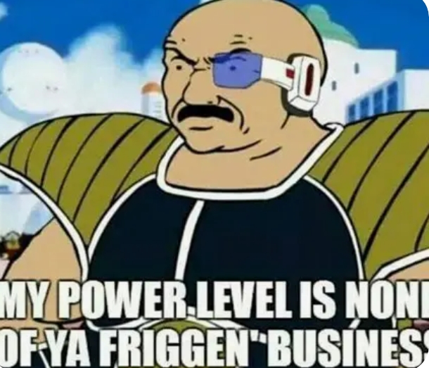 A Dragon Ball Z meme featuring Nappa with text reading "MY POWER LEVEL IS NONE OF YA FRIGGEN 'BUSINESS.'"