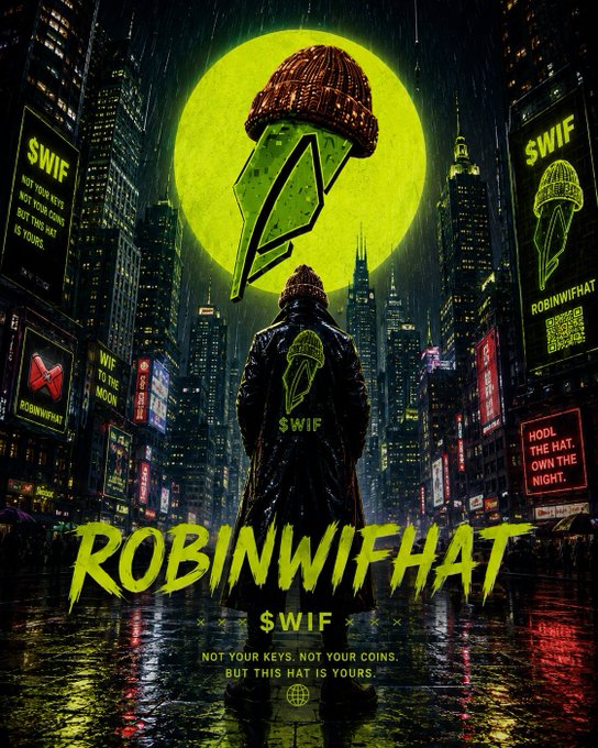 Promotional artwork for "ROBINWIFHAT $WIF" showing a character in a beanie and jacket standing before a green moon displaying the $WIF logo, with neon billboards and the tagline "NOT YOUR KEYS, NOT YOUR COINS. BUT THIS HAT IS YOURS."
