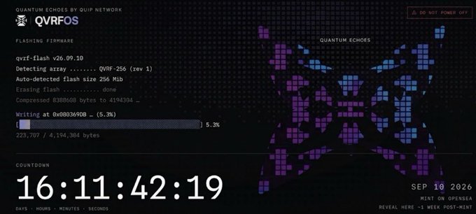 A digital interface for QVRF OS showing a flashing firmware process with a countdown timer reading '16:11:42:19' and text indicating 'SEP 10 2026 REVEAL ON OPENSEA,' accompanied by a pixelated purple and blue graphic.