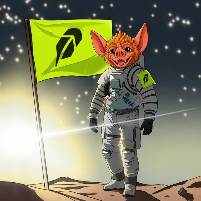 An anthropomorphic bat character in an astronaut suit stands on a rocky surface beside a green flag with the letter "R" logo, set against a starry cosmos background—depicting HOODRAT as the chain mascot planted triumphantly on a new frontier, fitting the post's theme of Robinhood's blockchain mascot.